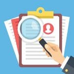 Clipboard with job candidate profile, hand holding magnifying glass. Candidate evaluation form, job application form, human resources, CV verification flat design vector illustration